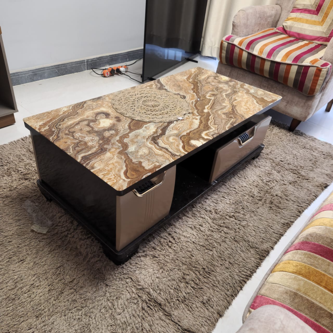 Modern Marble-Coffee Table with Dual Storage Drawers.