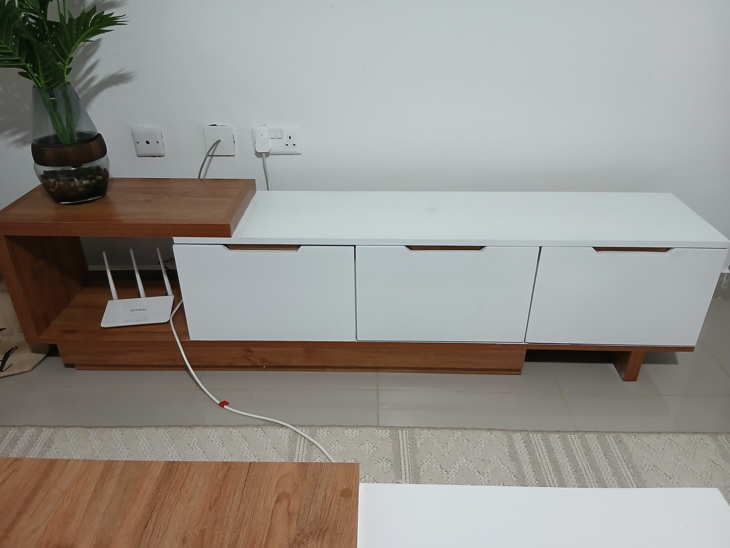 Modern White TV Stand with Wooden Accents