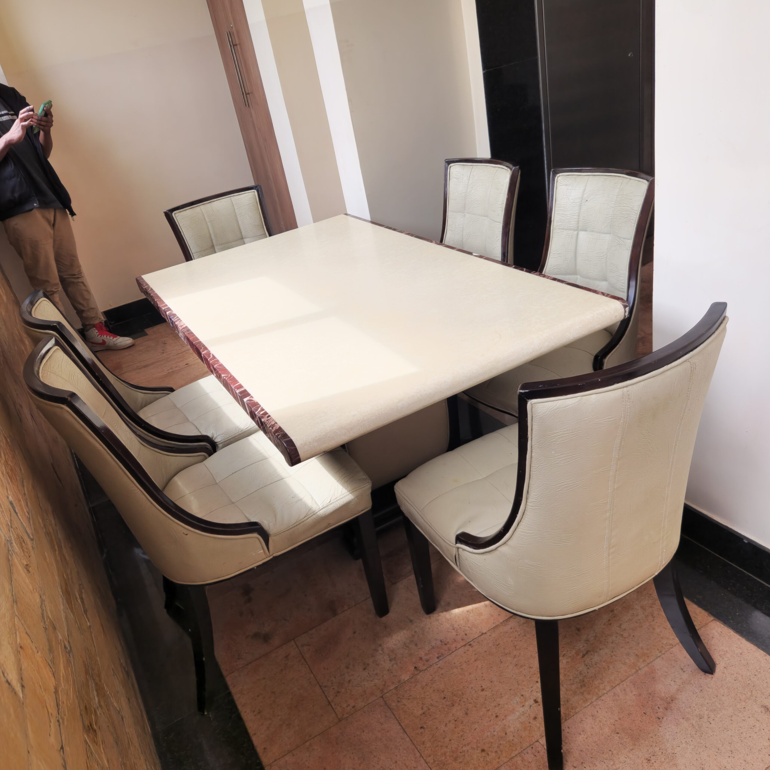 Elegant 6 Seater Dining Set Add a touch of elegance and comfort to your dining space with this upholstered dining set. The set features a sturdy wooden or metal table paired with beautifully cushioned chairs, upholstered in high-quality fabric or leather for a soft, luxurious feel. The padded seats and backrests provide excellent support, making every meal or gathering comfortable and stylish. Perfect for family dinners, hosting guests, or enhancing your dining décor, this set combines durability, sophistication, and modern design. Key Features: Soft, cushioned seats and backrests for extra comfort Durable frame and legs for long-lasting use Elegant upholstery in a versatile color to match any interior Easy to clean and mai Elegant 6 Seater Dining Set 