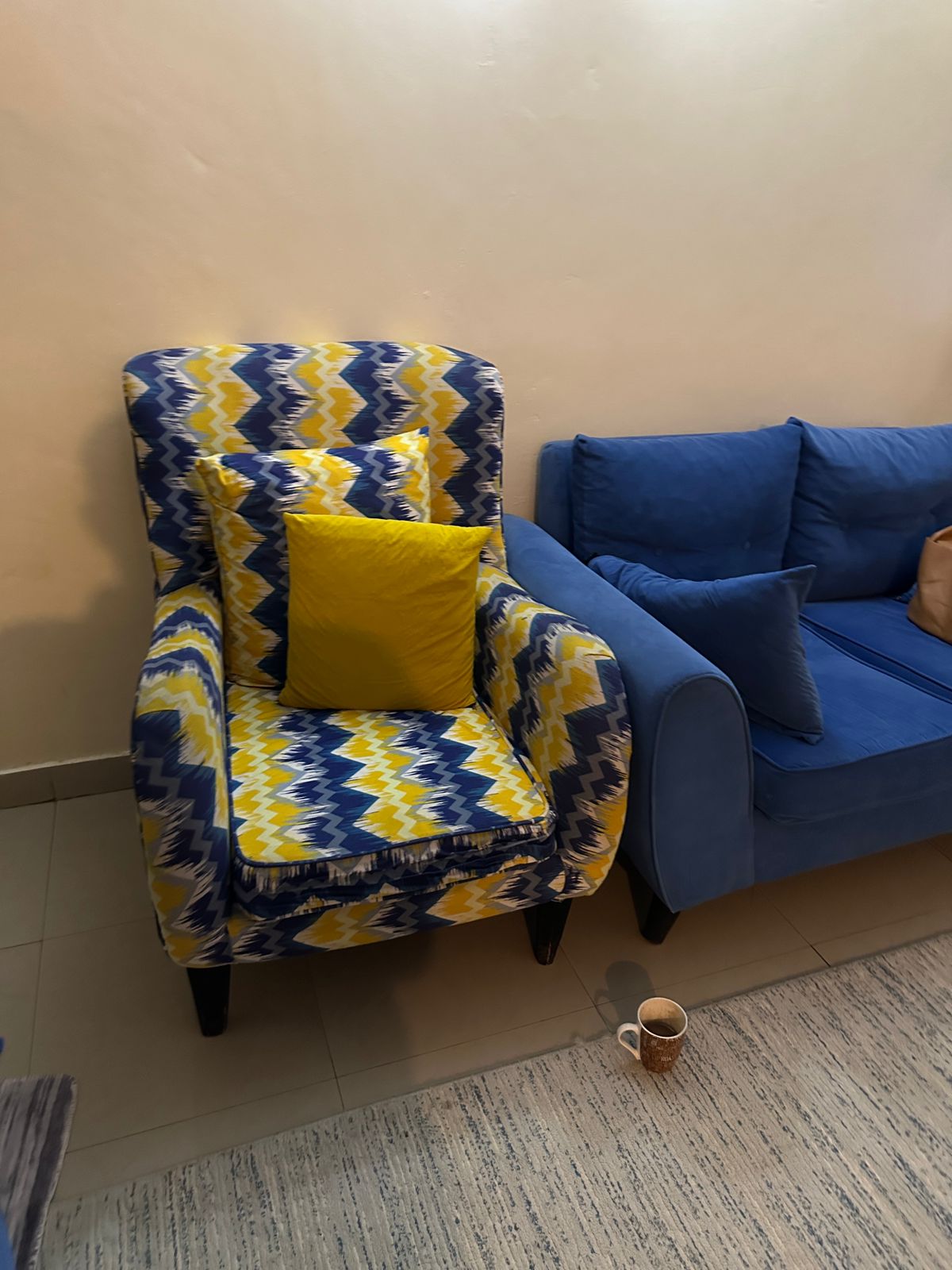 YELLOW ARMCHAIR WITH BLUE STRIPS