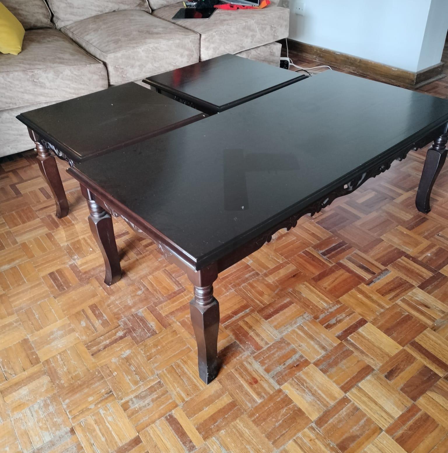 Wooden Coffee Table with 2 Small Wooden Stools