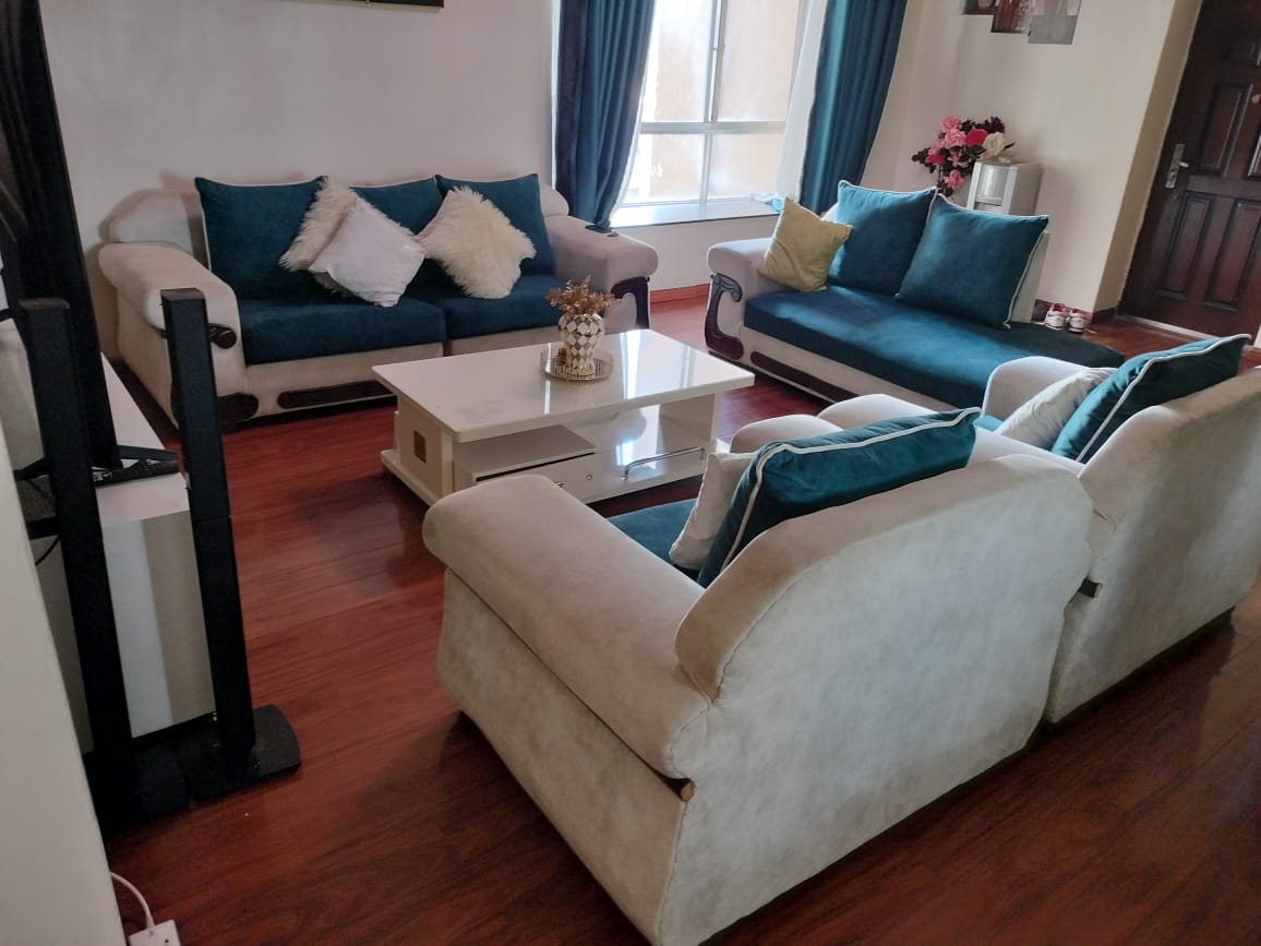 Modern 5-Seater Beige & Teal Blue Fabric Sofa Set.