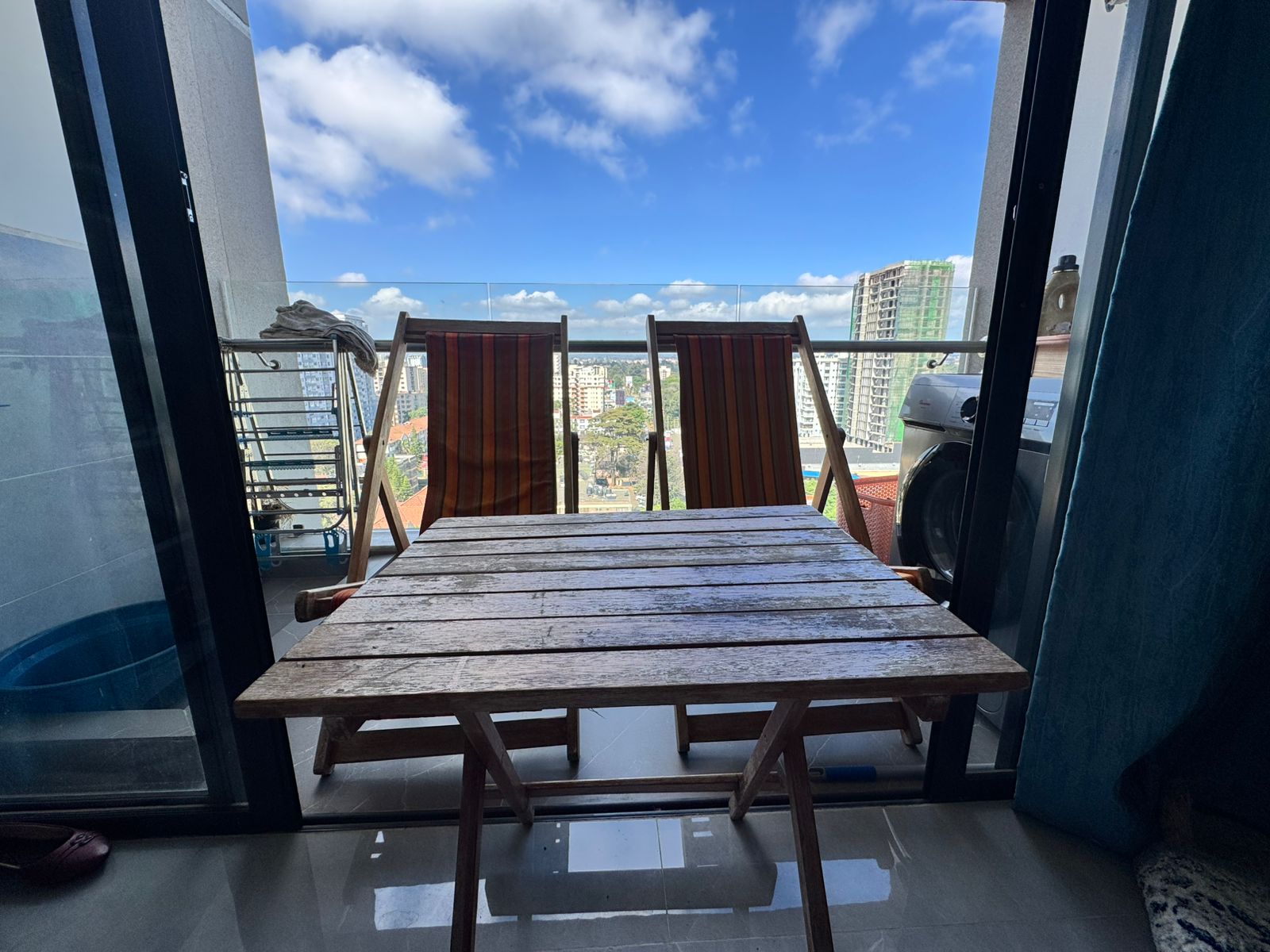 Outdoor Wooden Table + 2 Foldable Sling Chairs