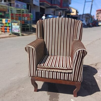 Brown & White Striped Wingback Armchairs