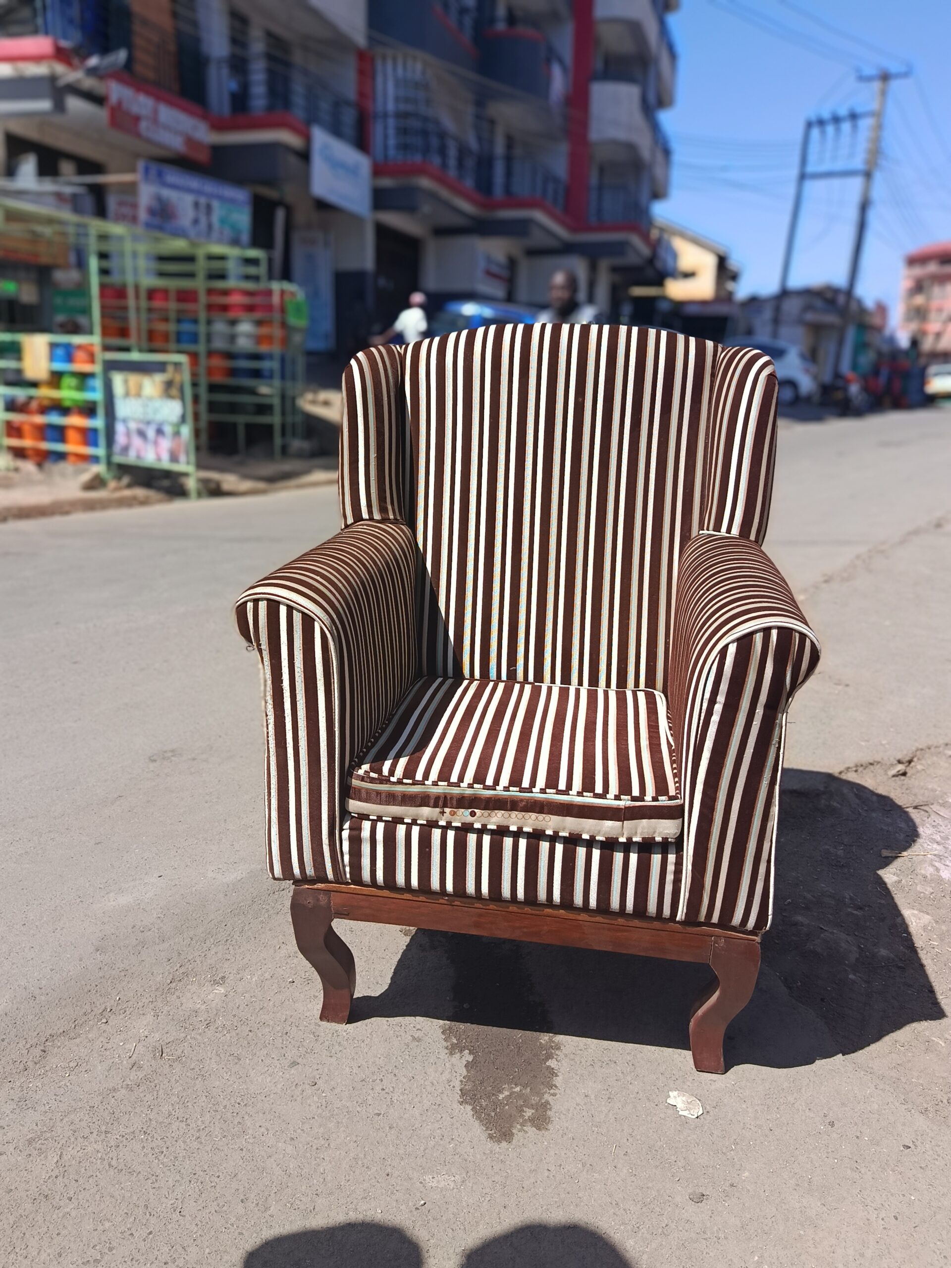 Brown & White Striped Wingback Armchairs