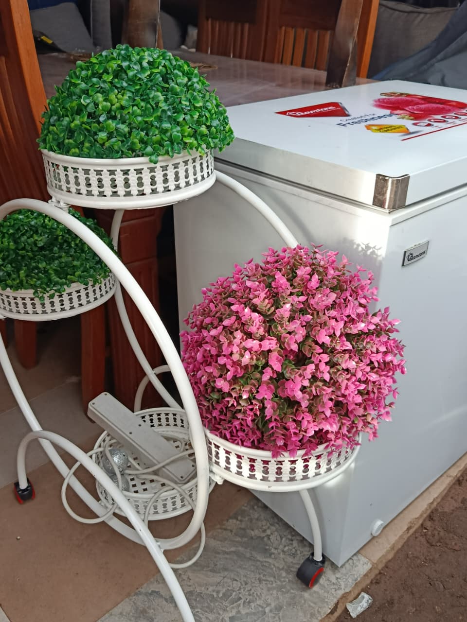 Stunning Multi-layered metal plant stand and artificial flower topiary balls on sale 2 White multi-layered metal plant stand and artificial flower topiary balls