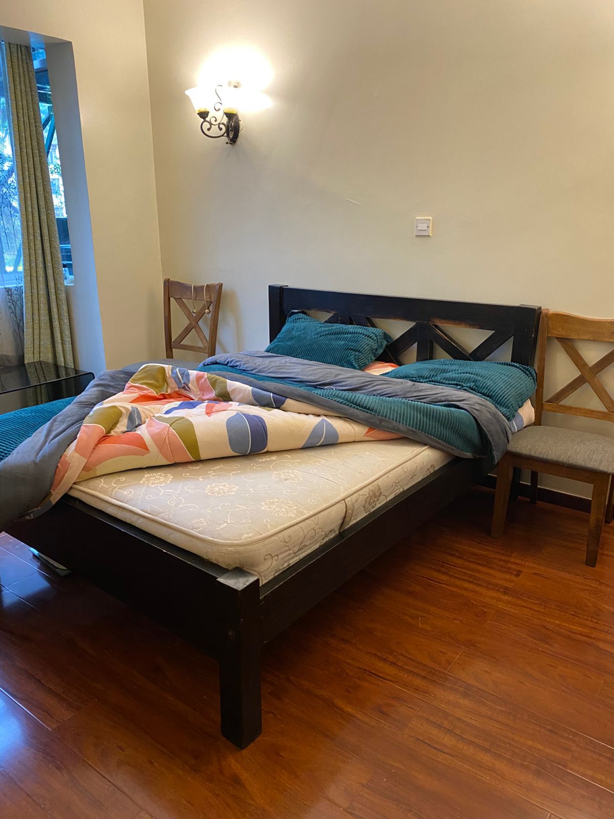 5 by 6 Brown Wooden bed and Mattress 2 5 by 6 Brown Wooden bed