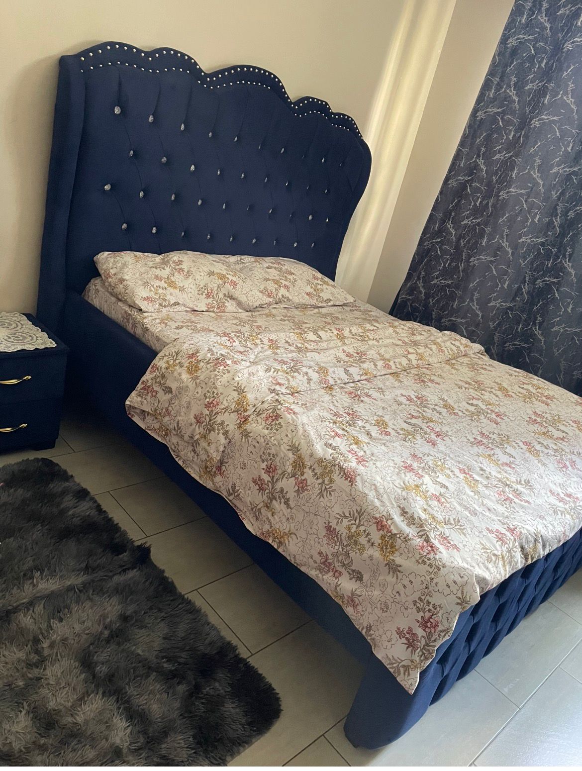 Modern Royal Blue 5*6 Chester Bed & Blue Velvet Chester Dressing Table