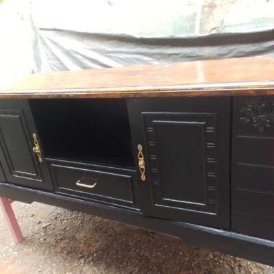 Modern Black TV Stand with Brown Wooden Top