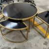 Round Black Glass-Top Coffee Table Set, Gold Frame