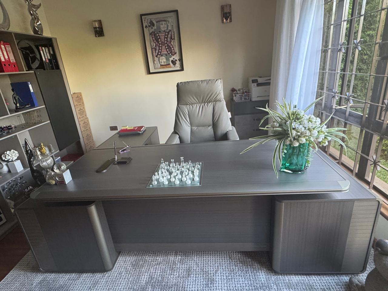 Cool L shaped Desk + 1 Leather Reclining Office chair+ Wall Cabinet 