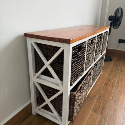 Sturdy Stand with Drawers and Woven Baskets