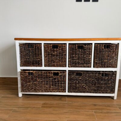 Sturdy Stand with Drawers and Woven Baskets