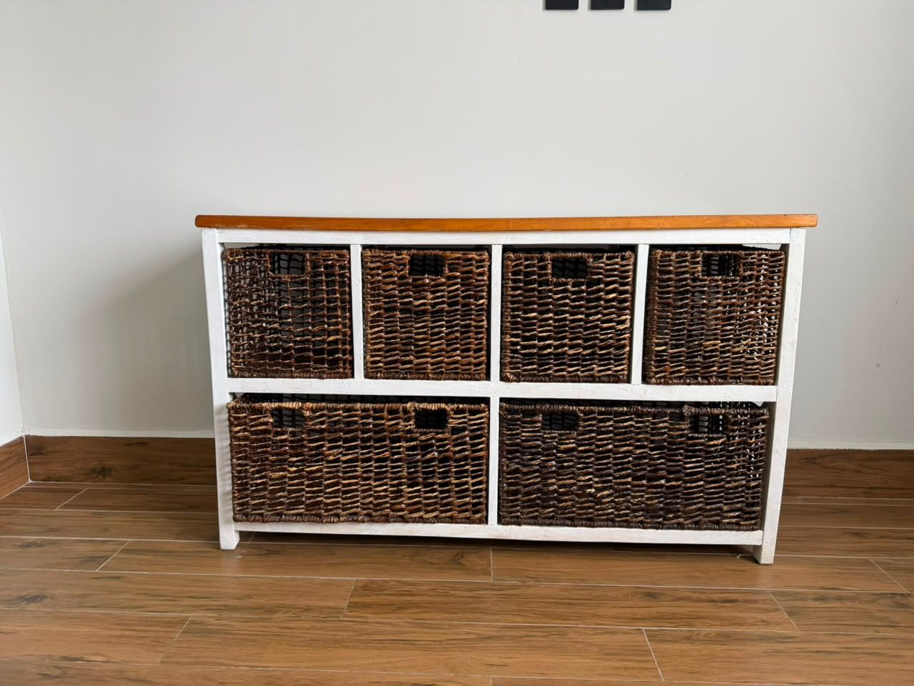 Sturdy Stand with Drawers and Woven Baskets