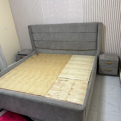 Grey Fabric Bed with Two Matching Bedside Tables